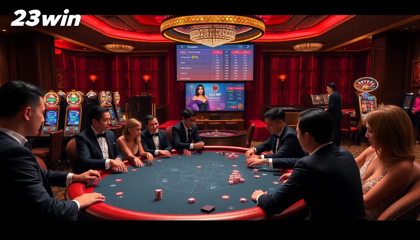 Feel the thrill of 23win as players strategize over poker chips in a luxurious casino setting.