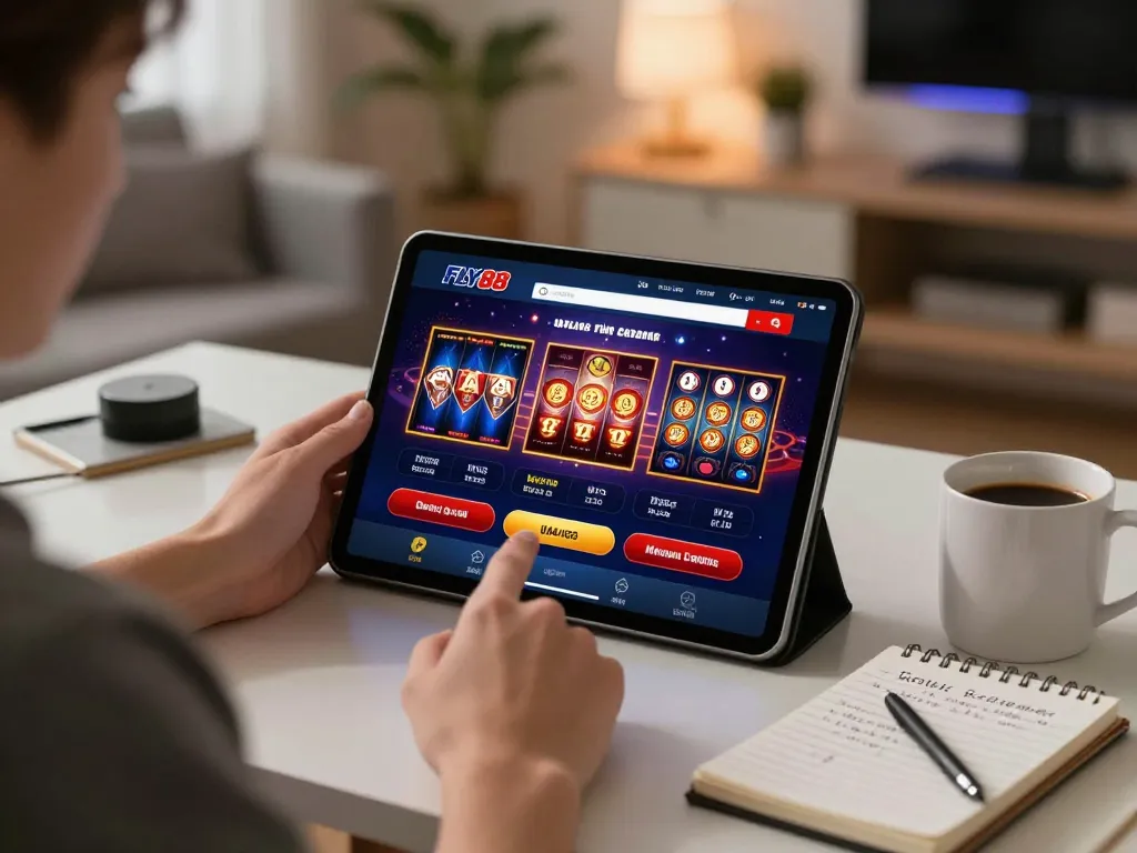 Person engaging with FLY88 online casino on a tablet, highlighting strategic gameplay in a cozy home office.