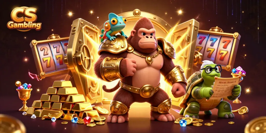 Engage in CS Gambling with a dynamic scene showcasing a gorilla, chameleon, and tortoise in a treasure-filled casino world.