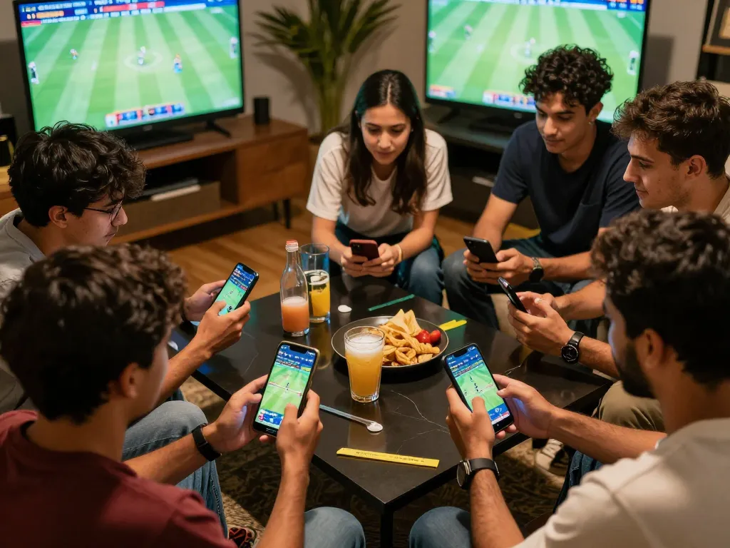 Friends engaging in sports betting using Jeetbuzz app on smartphones with live match updates