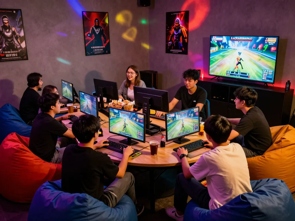 Engaged gamers enjoying NK88 multiplayer action in a vibrant lounge setting