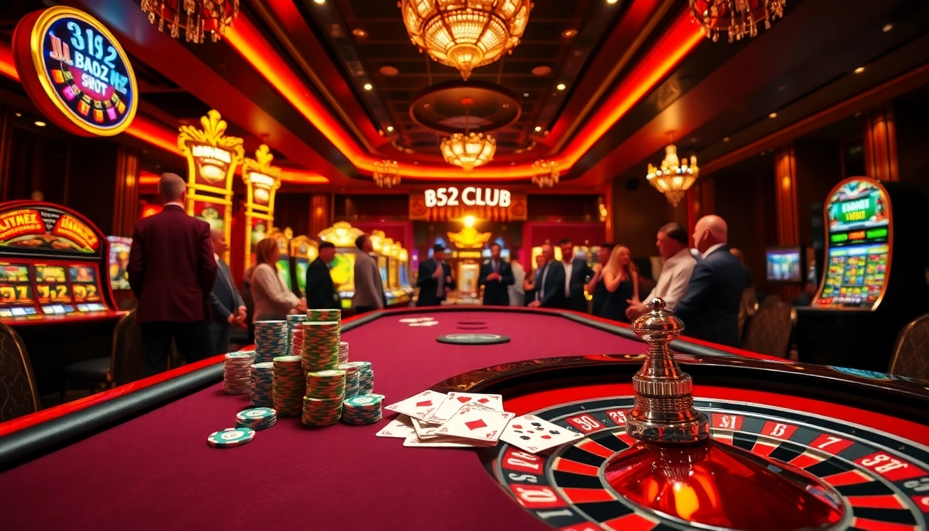 B52 Club poker table with colorful chips and cards in a vibrant casino scene