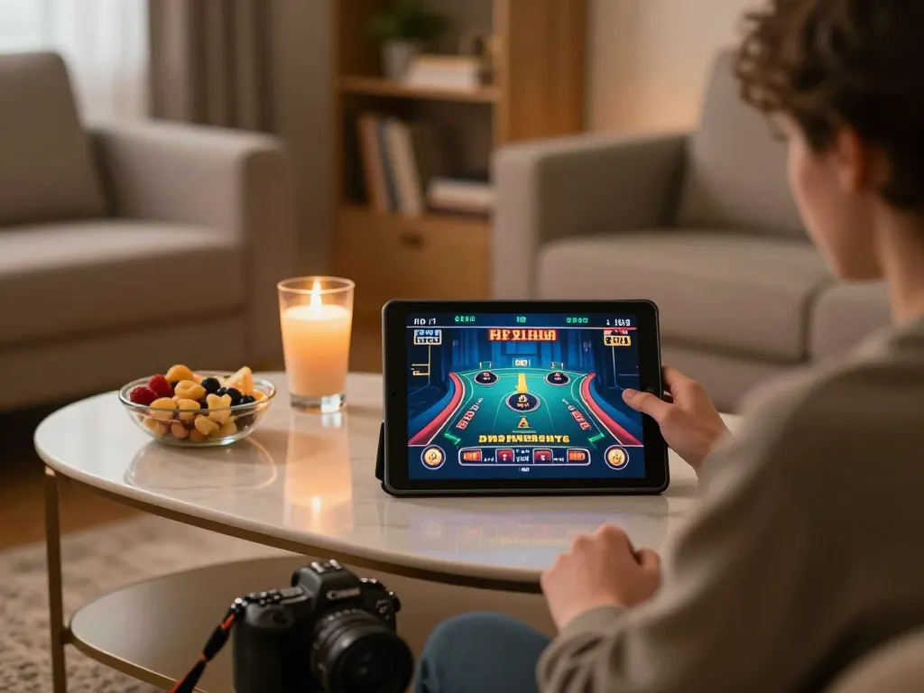 Player enjoying GG88 online gaming on a tablet, highlighting a cozy home atmosphere and live dealer action.