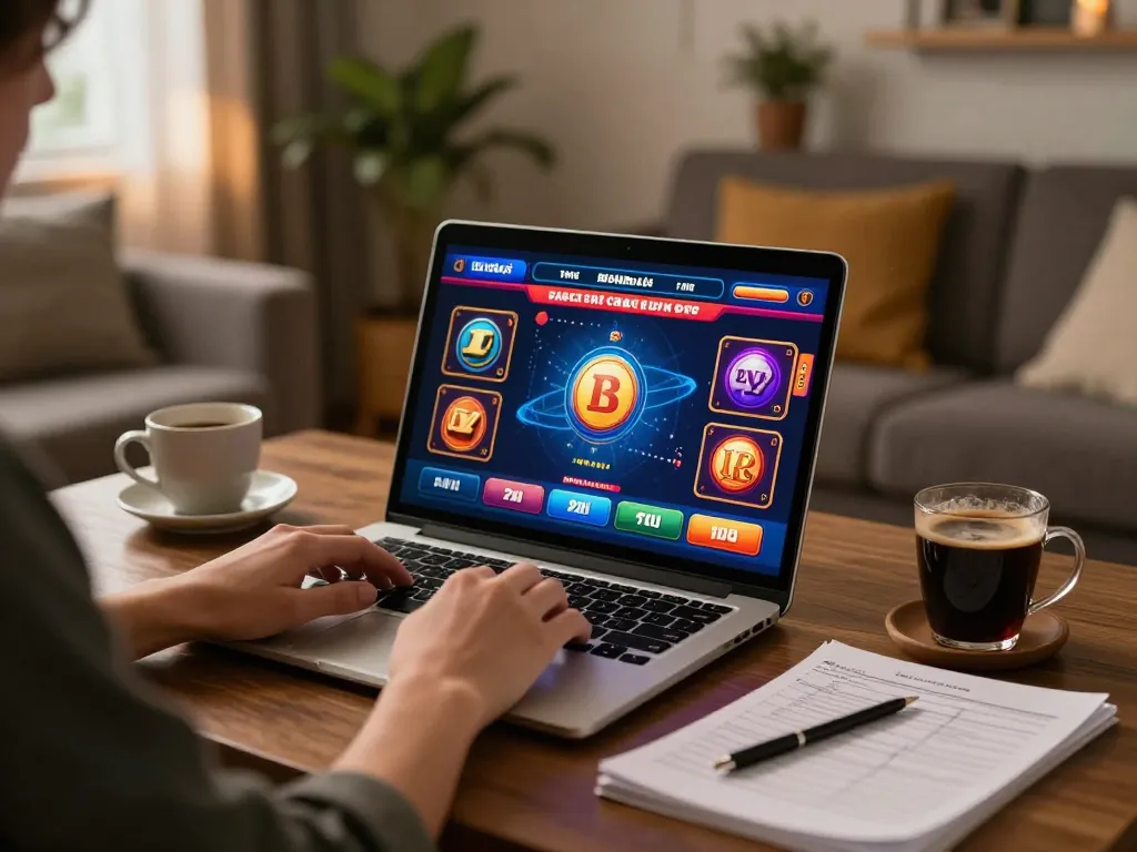 Player engaging with Betbdt online casino from home, showcasing gaming interface and relaxed atmosphere.