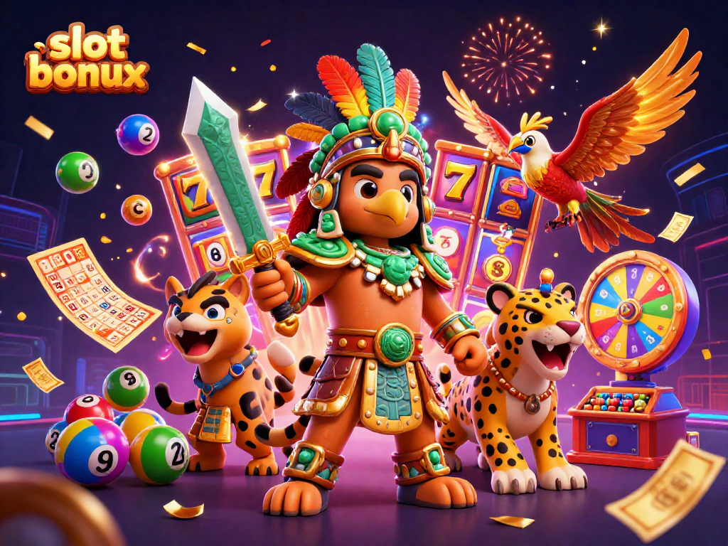 Experience slot bonuses while celebrating with an Aztec warrior and colorful game elements.