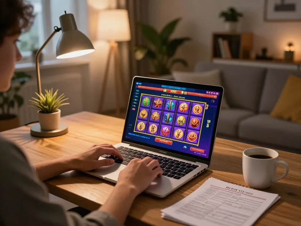 Engaging home online casino scene with player at laptop exploring ytr88 slot games.