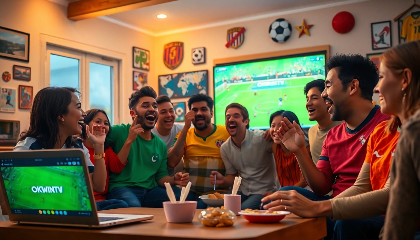 Excited fans enjoying a live soccer match on OKWINTV, showcasing a vibrant home viewing experience.