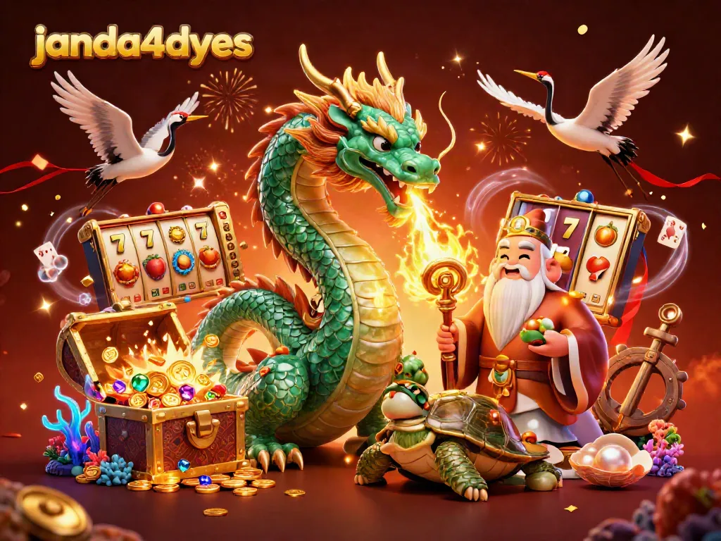 Permainan slot yang menarik di janda4dyes dengan naga hijau dan elemen kasino.