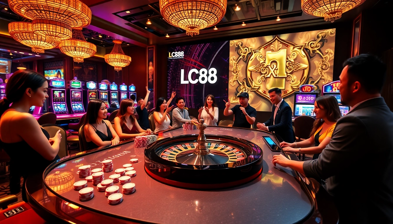 Players engaging with the exciting lc88 casino games surrounded by vibrant slot machines.