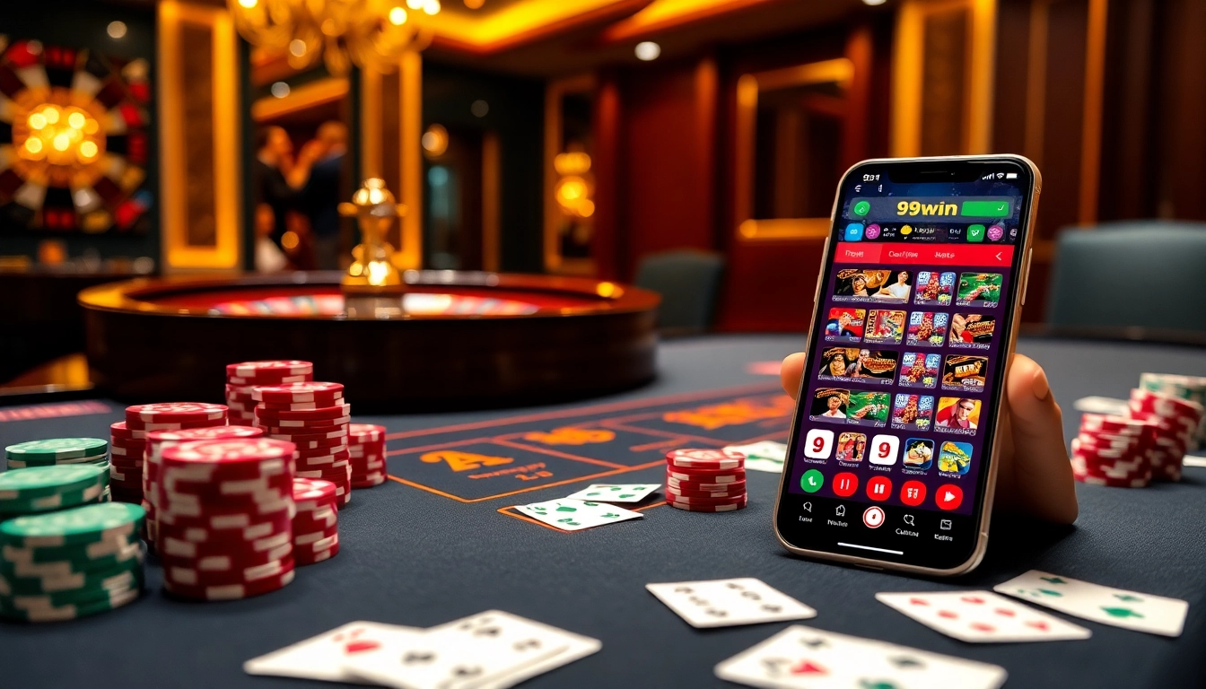 Exciting moment in 99win online casino with vibrant poker chips and a roulette wheel.