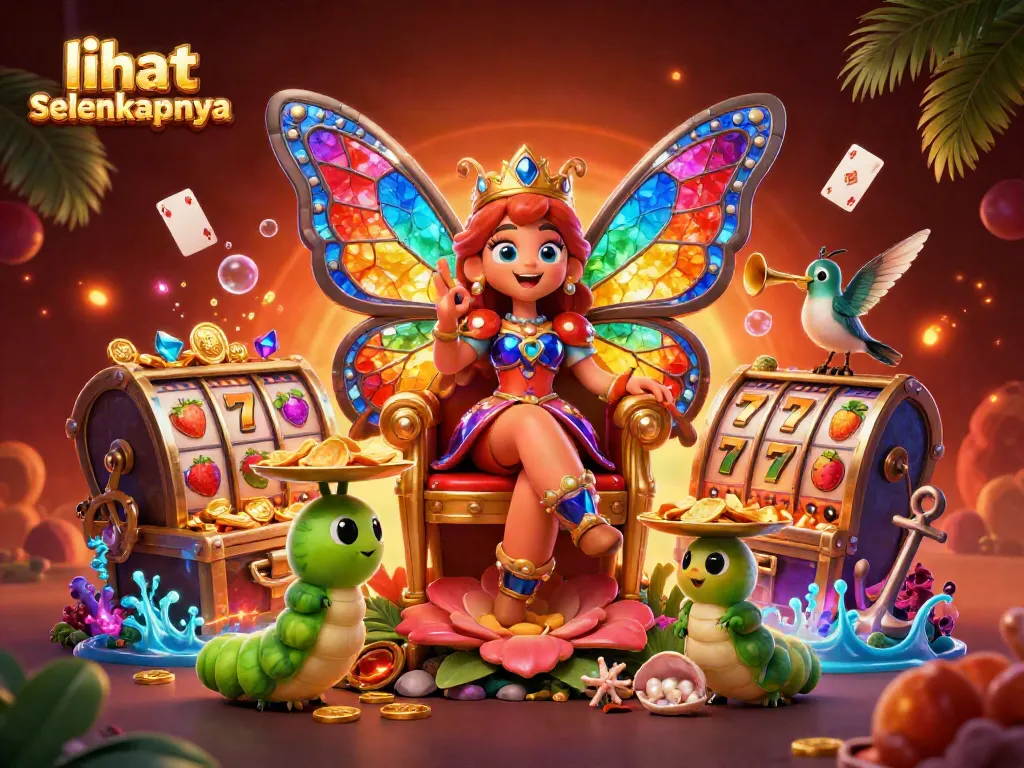 Ilustrasi slot online yang menggambarkan lihat selengkapnya dengan elemen kasino dan karakter menghibur.