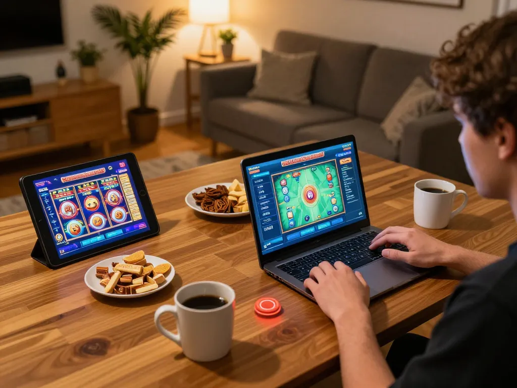 Engaging in Demo Gacor online gaming session with vibrant slot gameplay on laptop