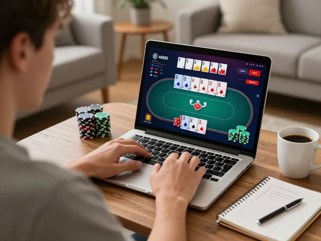 Engaging player on uk88 at home using laptop for strategic online poker gaming.