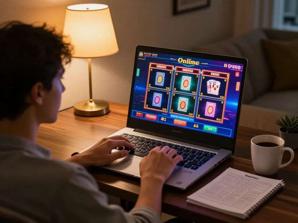 Player enjoys engaging DN88 online casino gaming with laptop focused on slot machines.