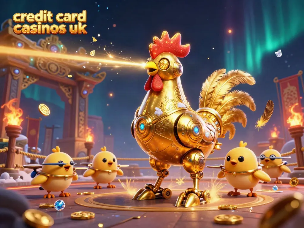 Experience vibrant action at credit card casinos UK, featuring a dynamic golden rooster robot with baby chick drones amidst golden coins.