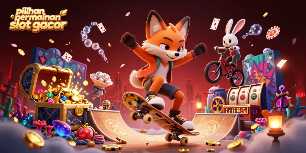 Menampilkan pilihan permainan slot gacor dengan animasi kucing bertopeng dan kelinci di arena kasino.