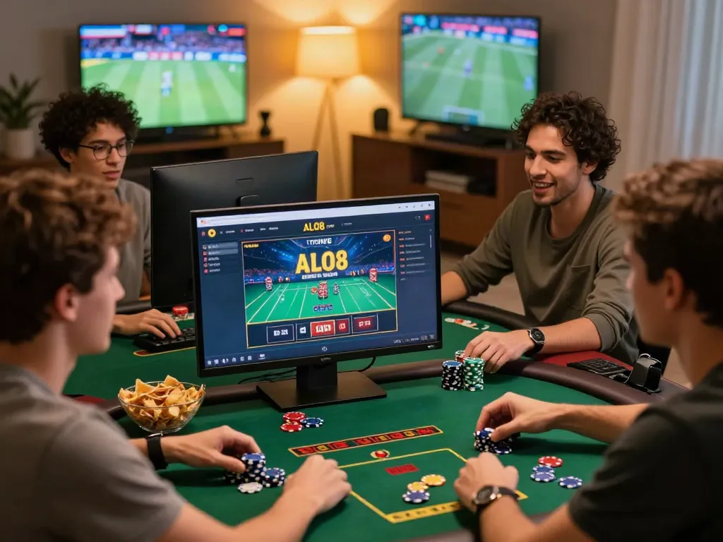 Engaging online casino environment featuring ALO8 COM with friends enjoying casino games.