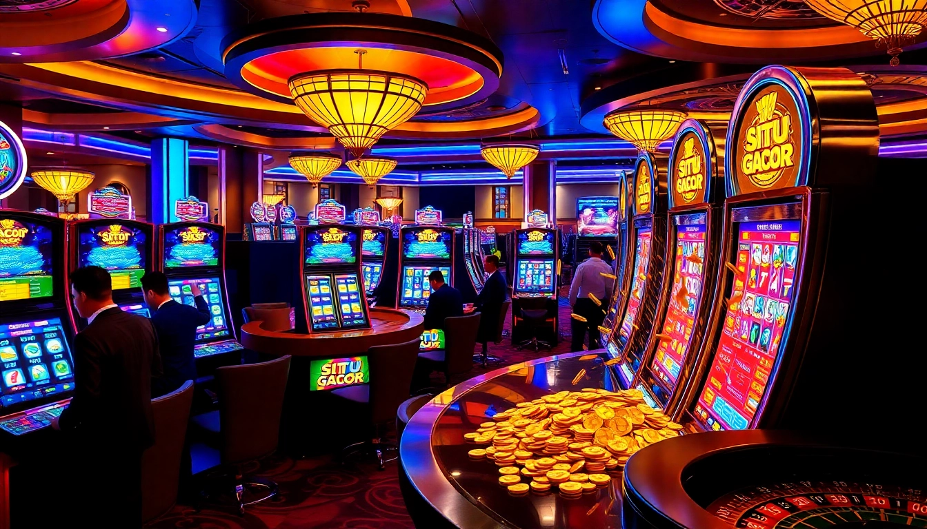 Situs Gacor players celebrating wins at vibrant slot machines in a luxurious casino atmosphere.