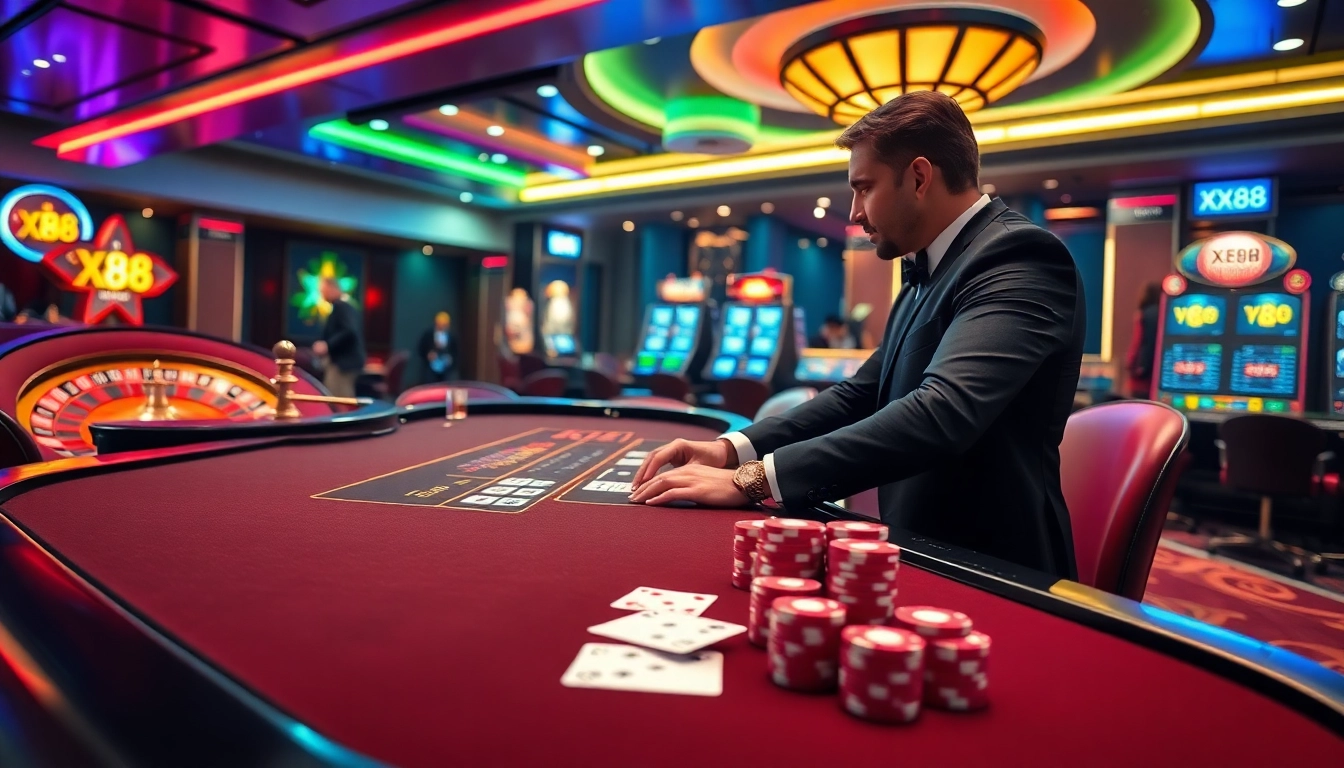 Engaging gambling scene at XX88 casino with poker chips and cards on a luxurious table.