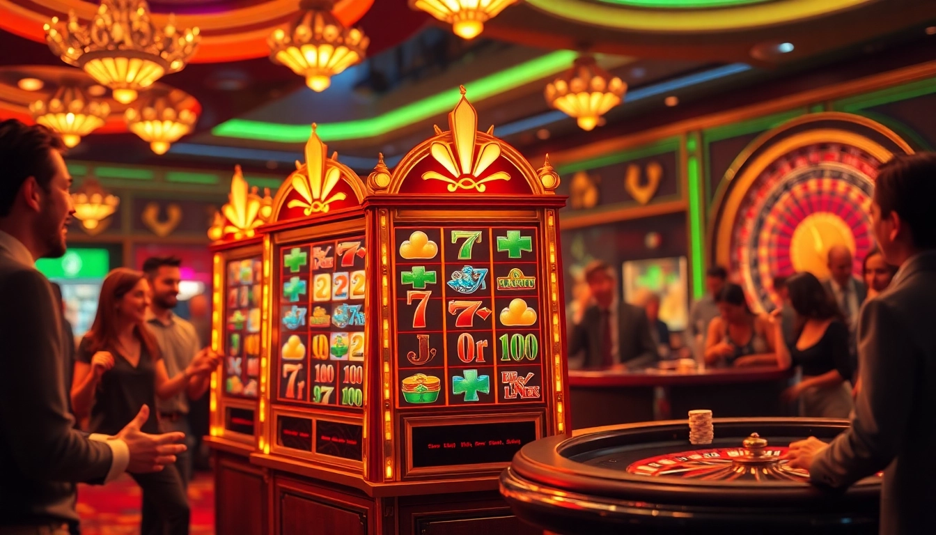Players excitedly engage with RTP Slot machines in a vibrant casino atmosphere.