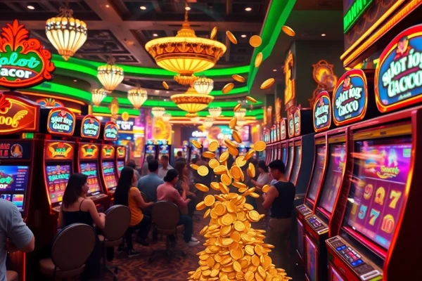 Players experiencing thrilling wins at slot gacor machines in a luxurious casino atmosphere.