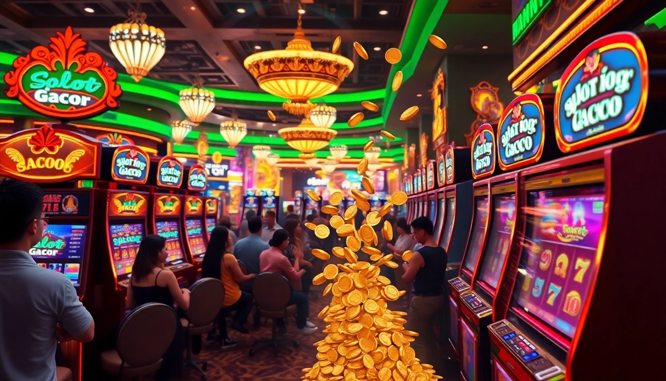 Players experiencing thrilling wins at slot gacor machines in a luxurious casino atmosphere.