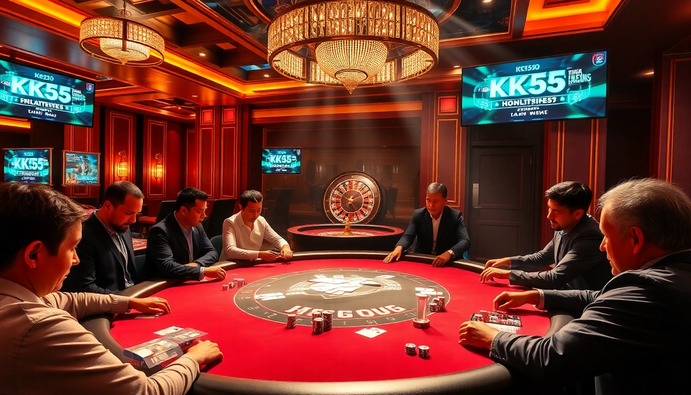 Intense poker game at KK55 casino, showcasing players and vibrant poker chips.