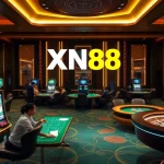 Experience thrilling gaming on XN88 with vibrant slot machines and poker tables in a luxurious casino setting.