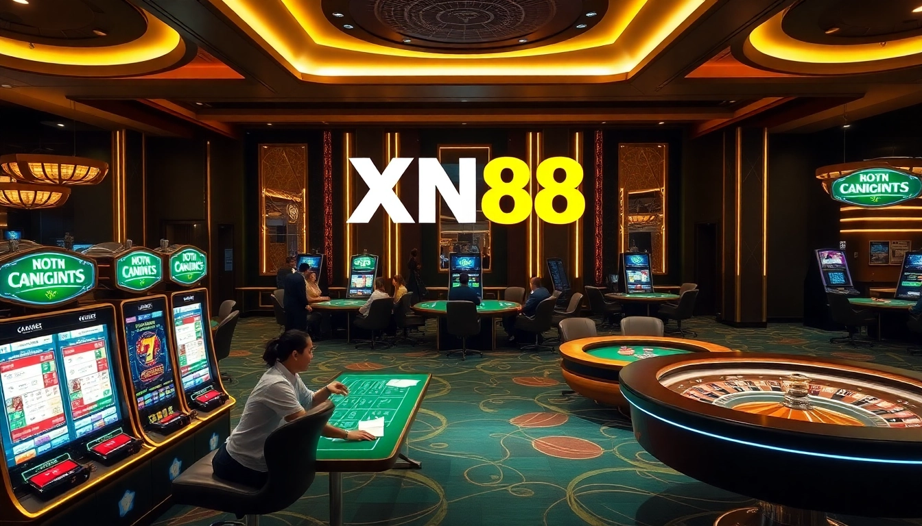 Experience thrilling gaming on XN88 with vibrant slot machines and poker tables in a luxurious casino setting.