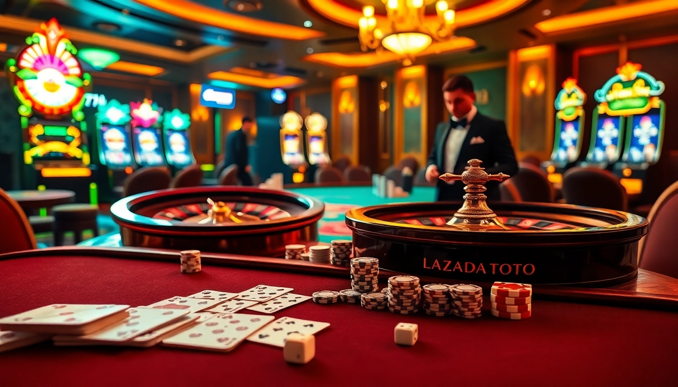 Lazadatoto betting strategies illustrated with vibrant casino elements, including roulette and cards.
