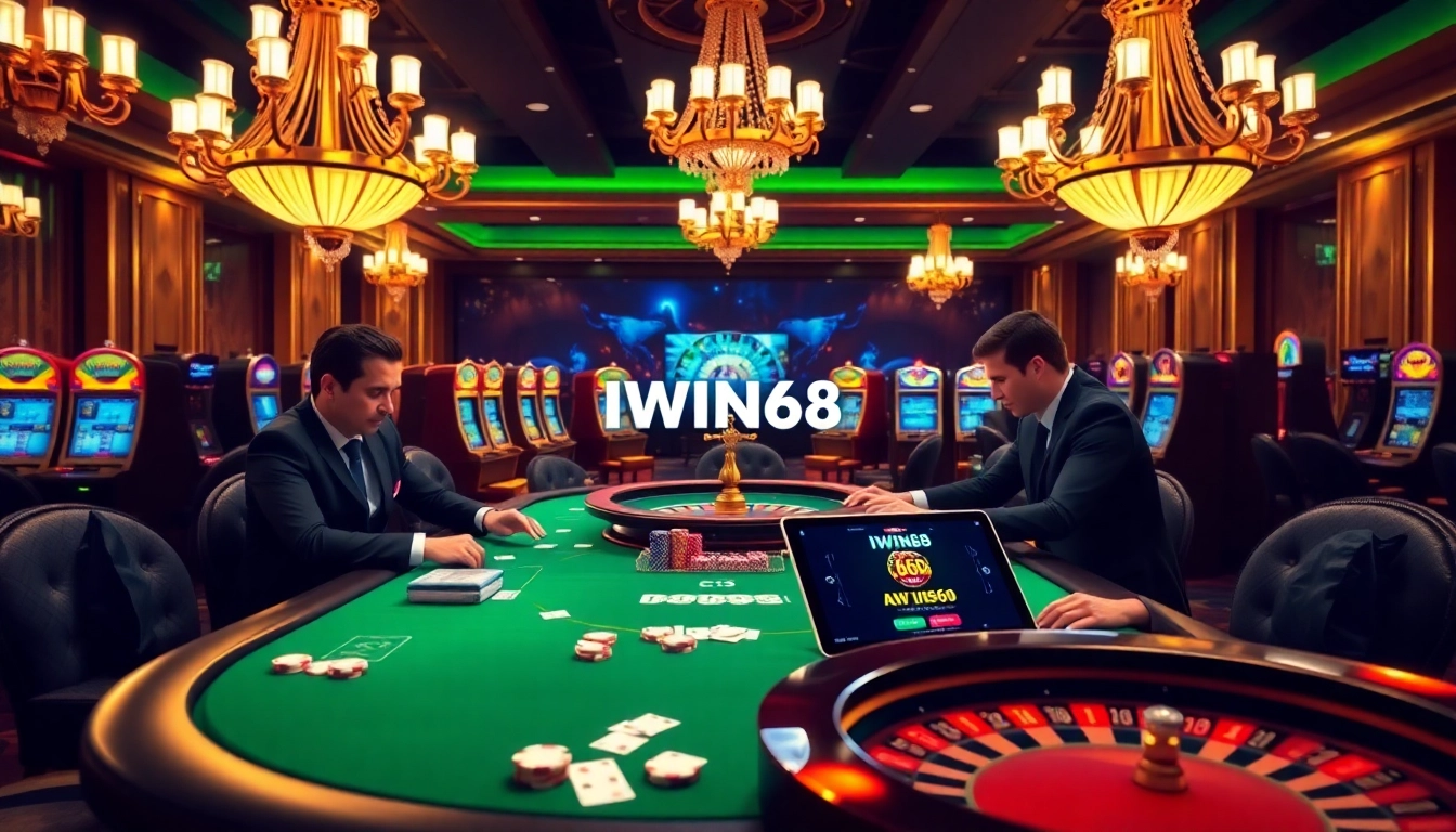 Experience high-stakes poker action at IWIN68 with vibrant casino visuals and professional tables.