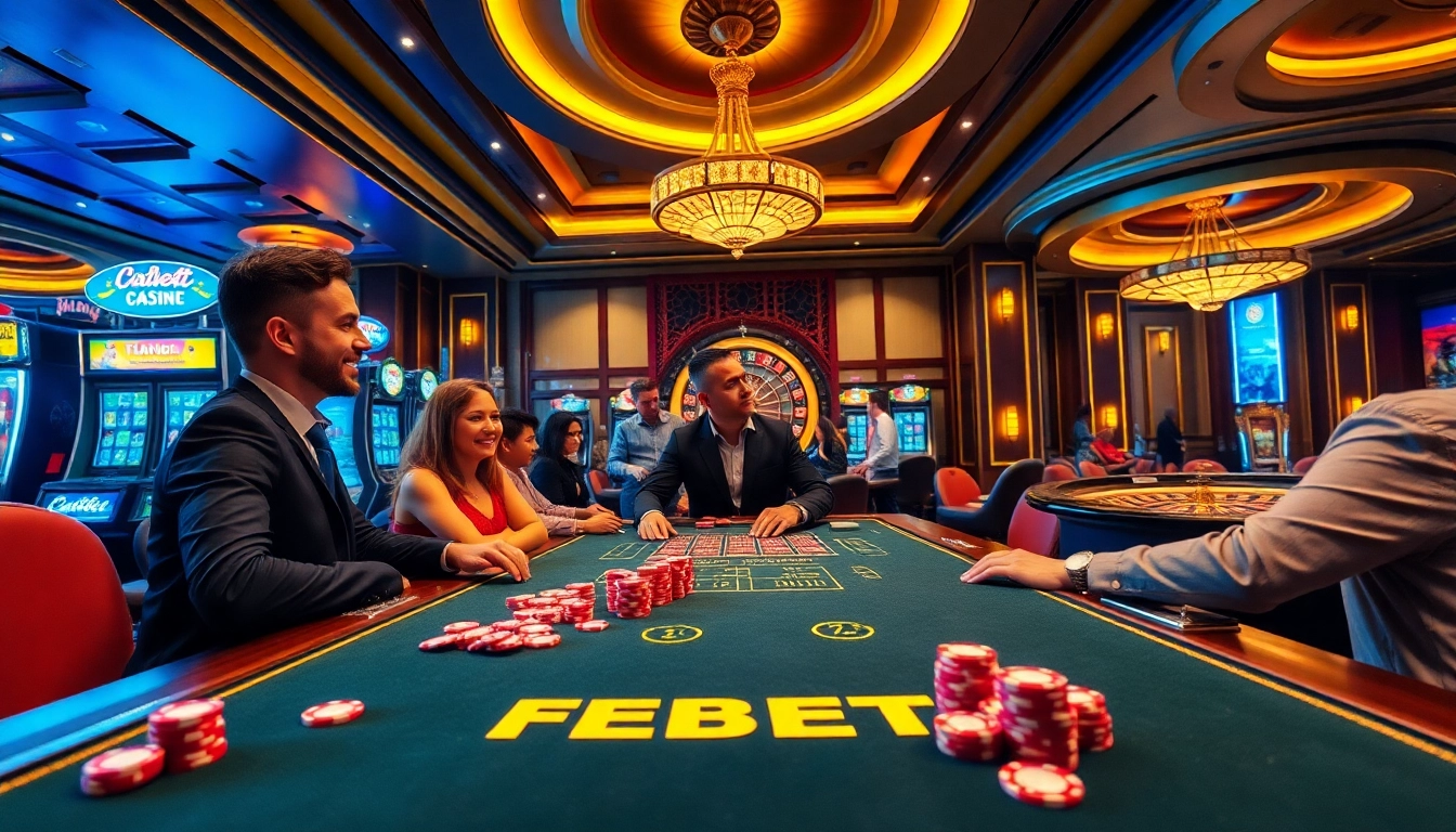 FEBET players engaging at a premium casino gaming table, showcasing exciting action and strategies.
