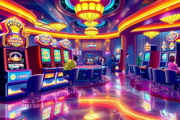 Players enjoying slot gacor games amidst vibrant casino atmosphere showcasing excitement and luxury.