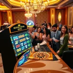 Players enjoying a lively casino atmosphere at a slot gacor machine, celebrating wins with excitement.
