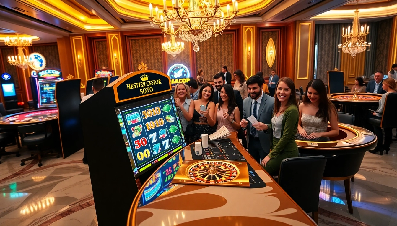 Players enjoying a lively casino atmosphere at a slot gacor machine, celebrating wins with excitement.