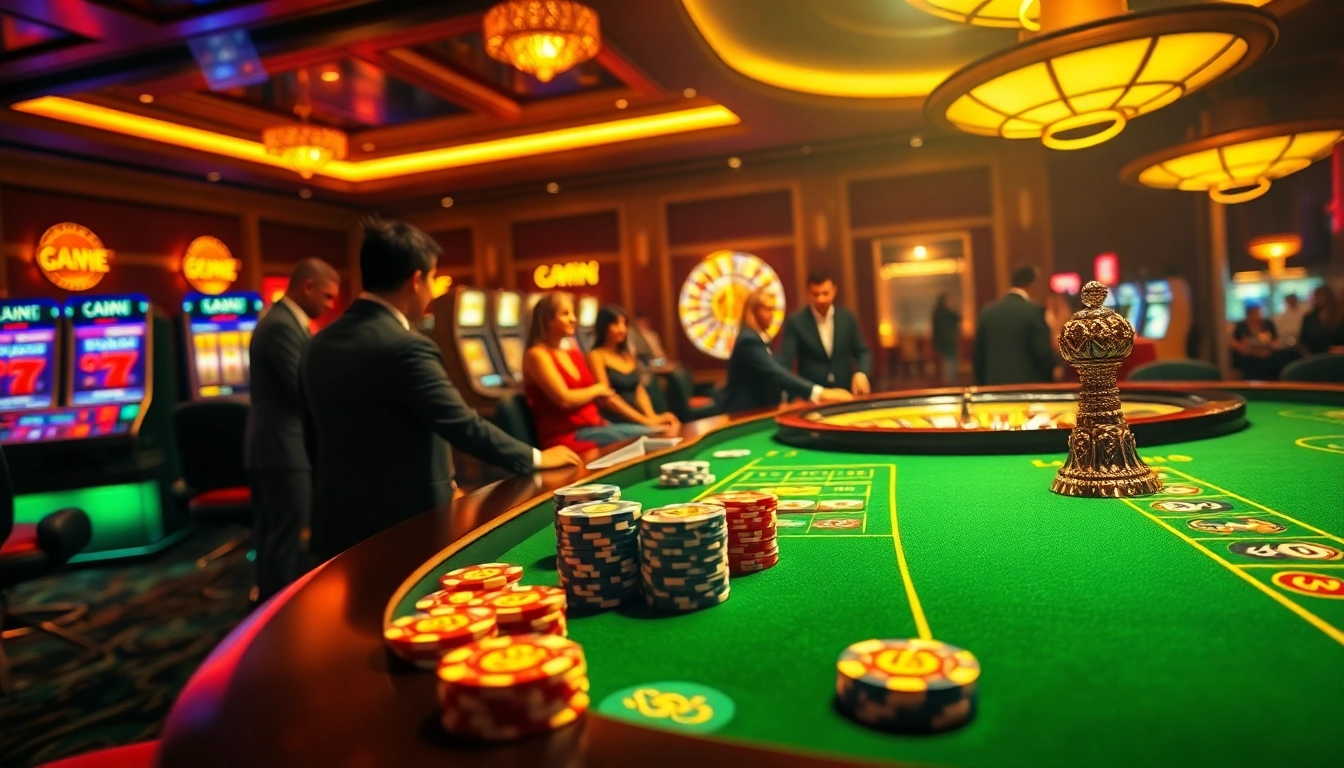 KK55 casino scene with lively poker game, flashing slot machines, and exciting roulette action.