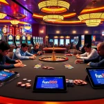 Players engaging in intense poker at fun 88 casino, showcasing thrilling gambling action.
