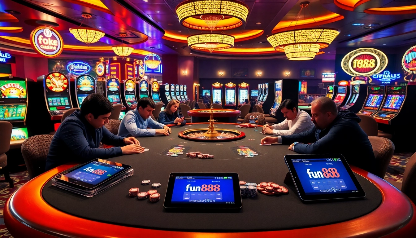 Players engaging in intense poker at fun 88 casino, showcasing thrilling gambling action.