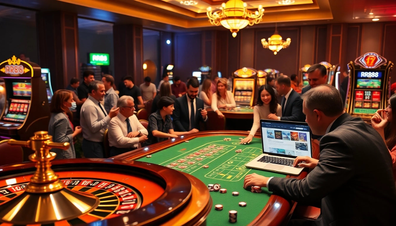Experience the thrill of online gambling with RR88's vibrant casino scene featuring roulette, blackjack, and slot machines.