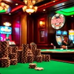 Intense gamblers playing NK88 poker at a luxurious casino table with chips in focus.