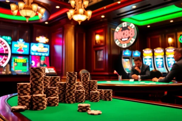 Intense gamblers playing NK88 poker at a luxurious casino table with chips in focus.