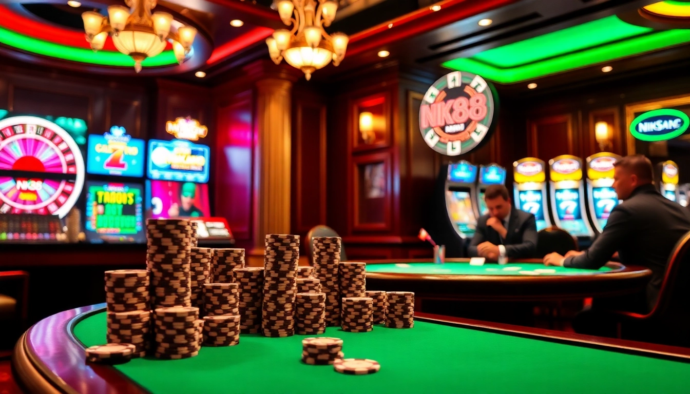 Intense gamblers playing NK88 poker at a luxurious casino table with chips in focus.