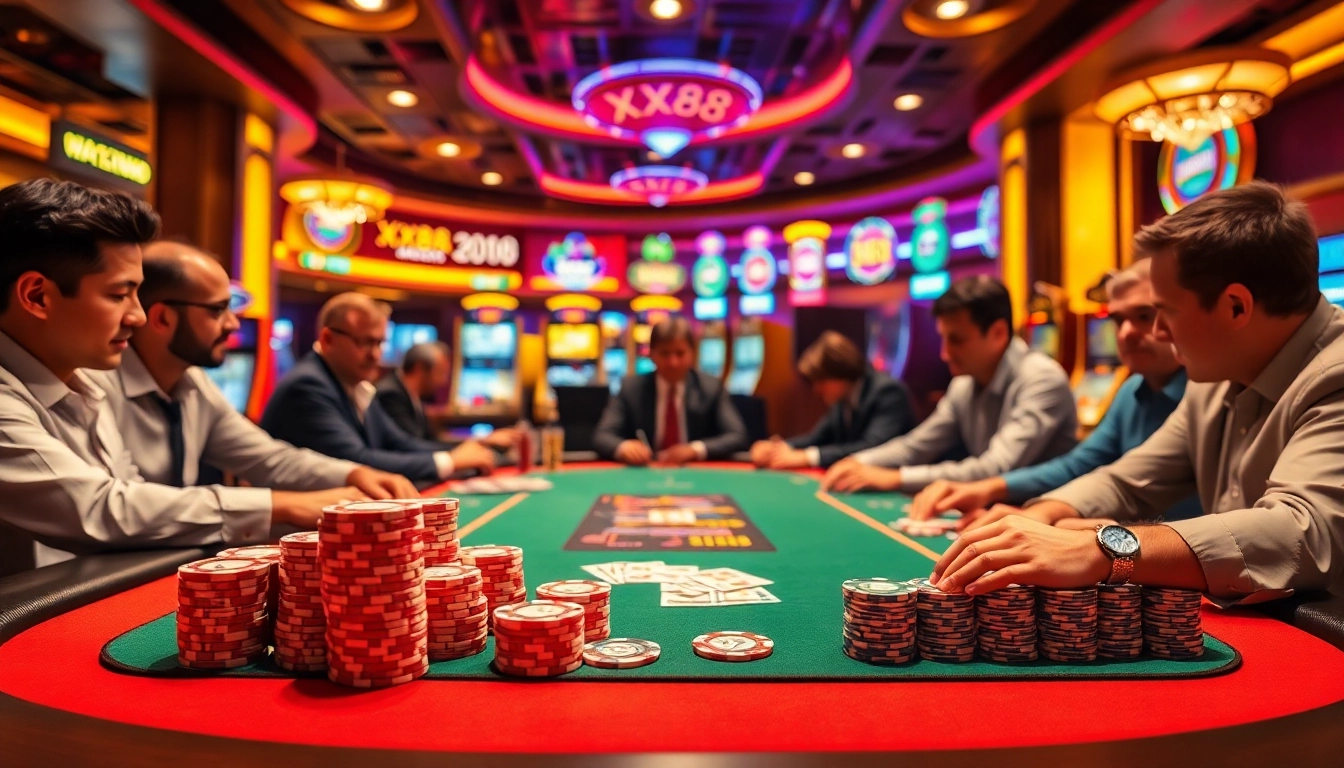 Experience the thrill of poker at XX88 with vibrant chips and an engaging atmosphere.