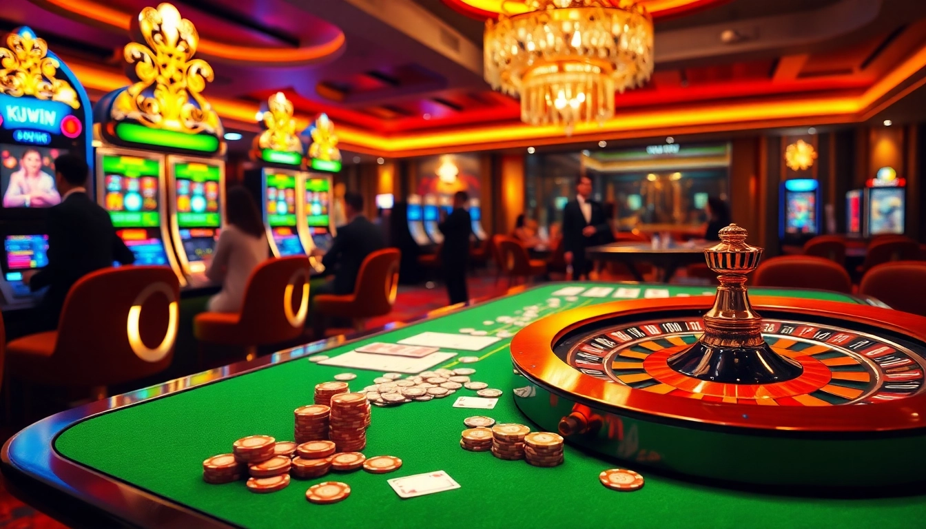Exciting gambling scene featuring kuwin gaming tables and vibrant casino elements.