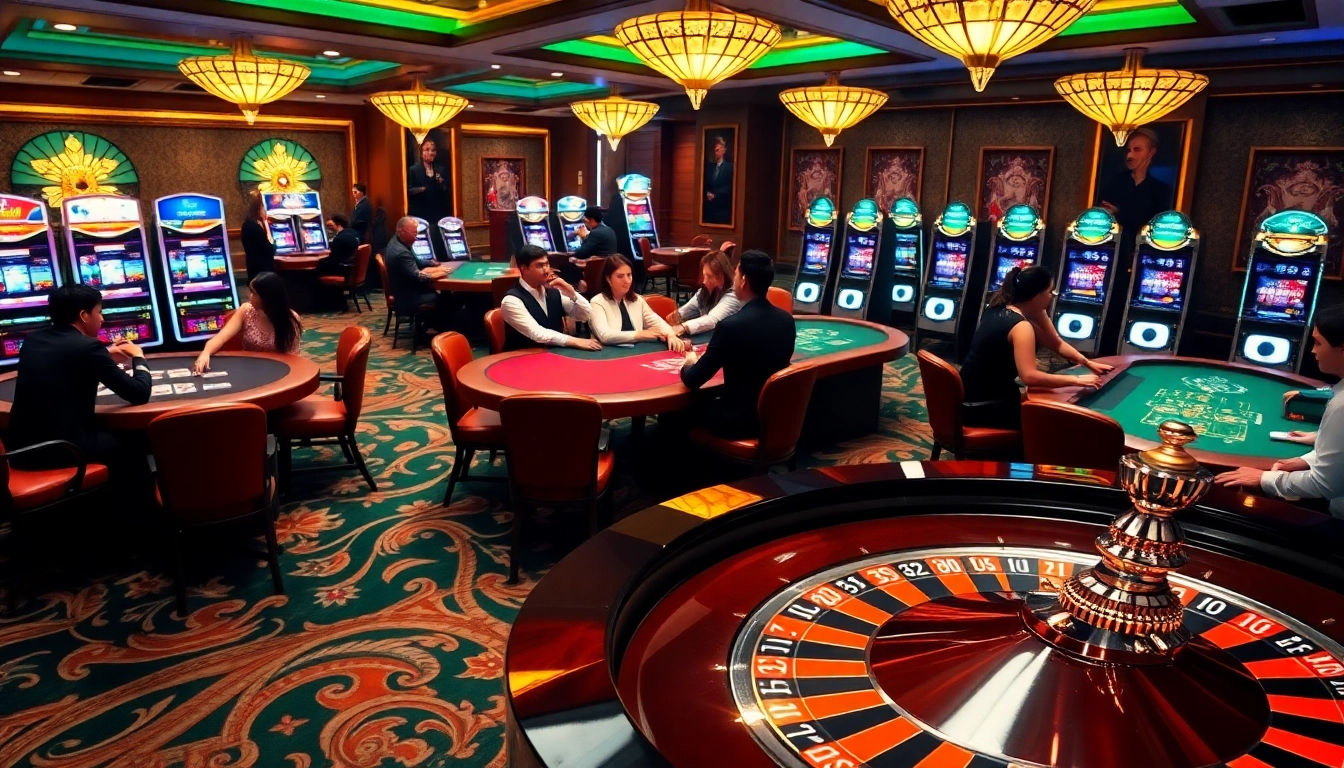 Join the action at nhà cái s8, where players engage at vibrant casino tables and slot machines.