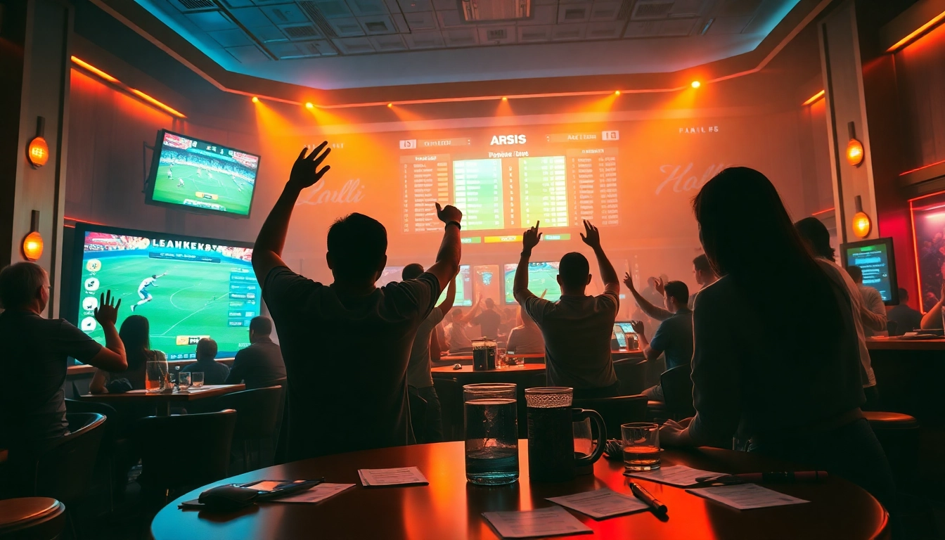 Excited fans engaging in แทงบอล at a luxurious sportsbook with dynamic betting options.