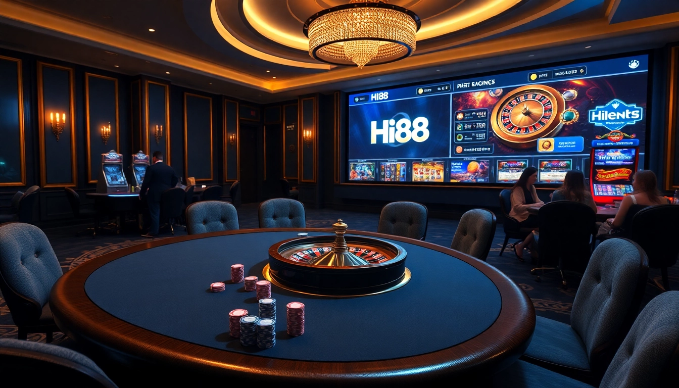 Engaging poker scene at Hi88 casino featuring vibrant chips and a sparkling roulette wheel.