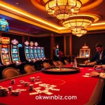 Betting excitement at https://okwinbiz.com/ with vibrant casino scenes, chips, and cards.