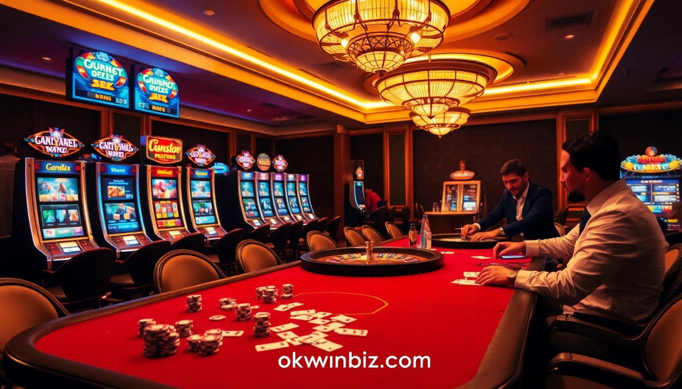 Betting excitement at https://okwinbiz.com/ with vibrant casino scenes, chips, and cards.