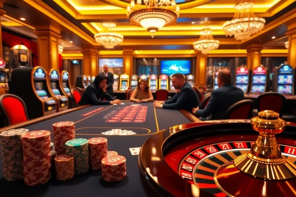 Players enjoying HB88 high-stakes poker game in an elegant casino setting.